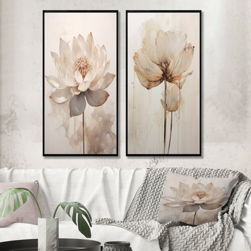 «Beige Lotus Reflections», ensemble d'art mural sur toile Lotus, Encadrement doré, H 40 po x l 41 po