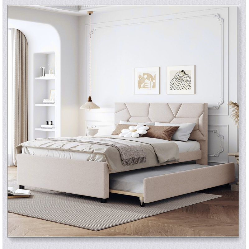 Lit plateforme tapissier avec tête de lit et lit gigogne à motif brique, Beige
