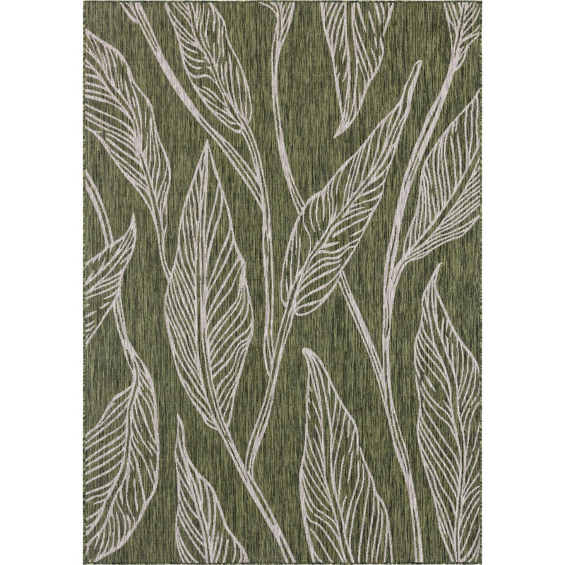 Tapis intérieur / extérieur à motif floral vert / gris Zenon, Rectangulaire 7 pi 1 po x 10 pi