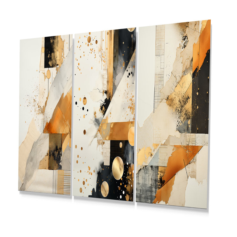 Or et gris coucher de soleil collage II - ensemble de 3 reproductions d'art en métal, H 32 po x l 48 po