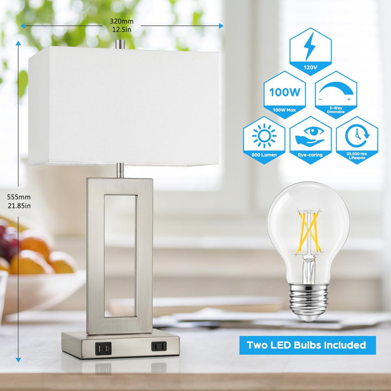 Ensemble de 2 lampes de table 22 po pour chambre à coucher, Argent argent, Blanc