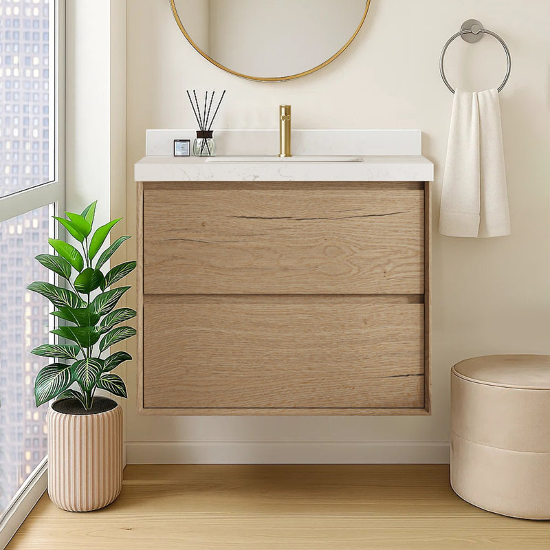 Wall-mounted Single Bathroom Vanity With Carrara White Engineered Stone Top And Ceramic Sink, 30"