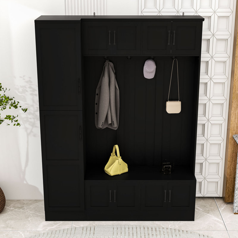 Minimalist Hall Tree with Cabinets, Adjustable Shelves, Bench Seating, Black