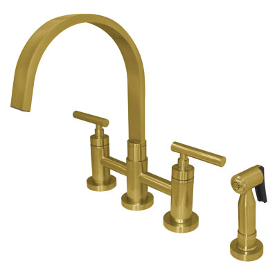 Kingston Brass Manhattan Two-Handle 4-Hole Deck Mount Bridge Kitchen Faucet with Brass Side Sprayer