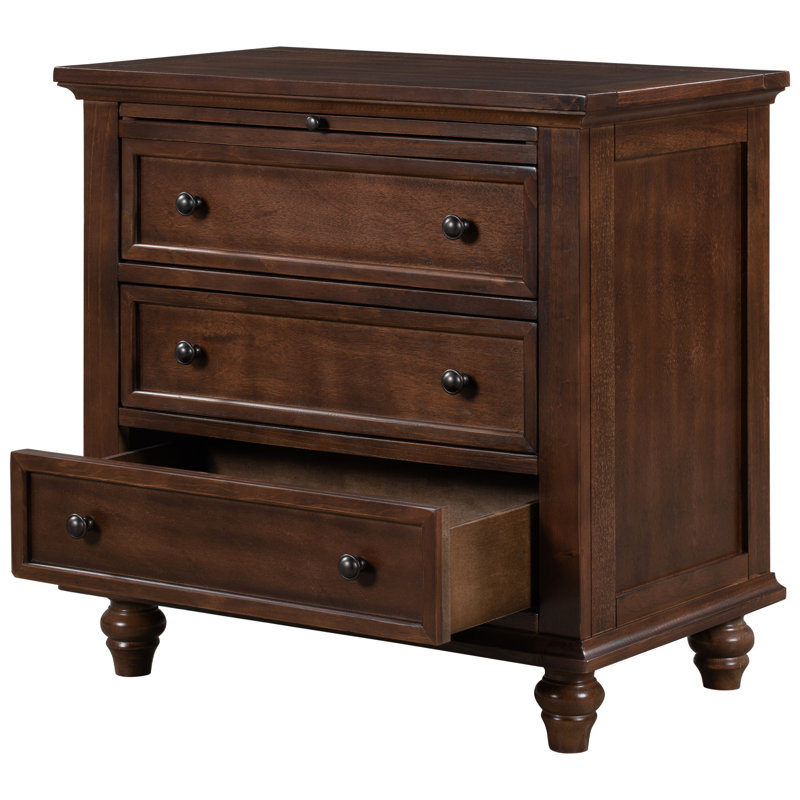 3-Drawer Storage Wood Cabinet, End Table With Pull Out Tray, Easy Assembly, Brown