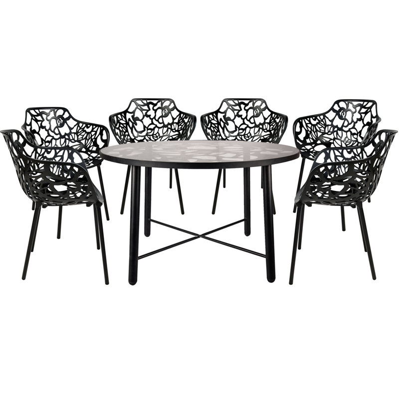 Summerlin 7-Piece Patio Dining Set With 48" Round Table And 6 Dining Arm Chairs In Aluminum, Black