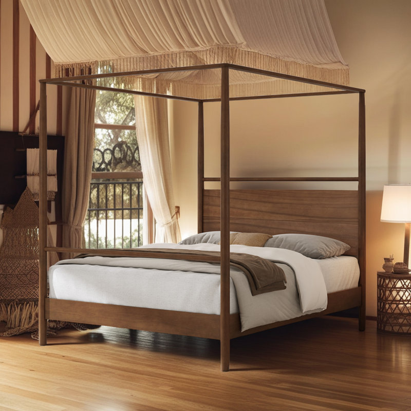 Mid-Century Modern Canopy Bed Frame - Solid Wood 4-Poster Design, Walnut Finish, No Box Spring Needed, Full