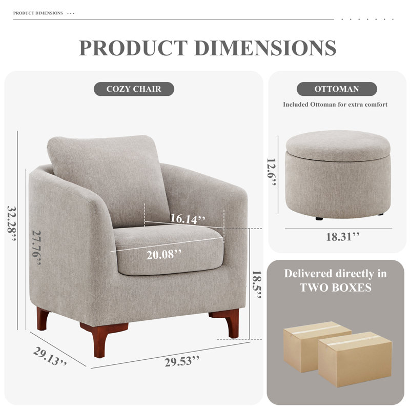 29.5" Wide Upholstered Barrel Accent Armchair With Storage Ottoman and Pillow, Light Gray Microfiber