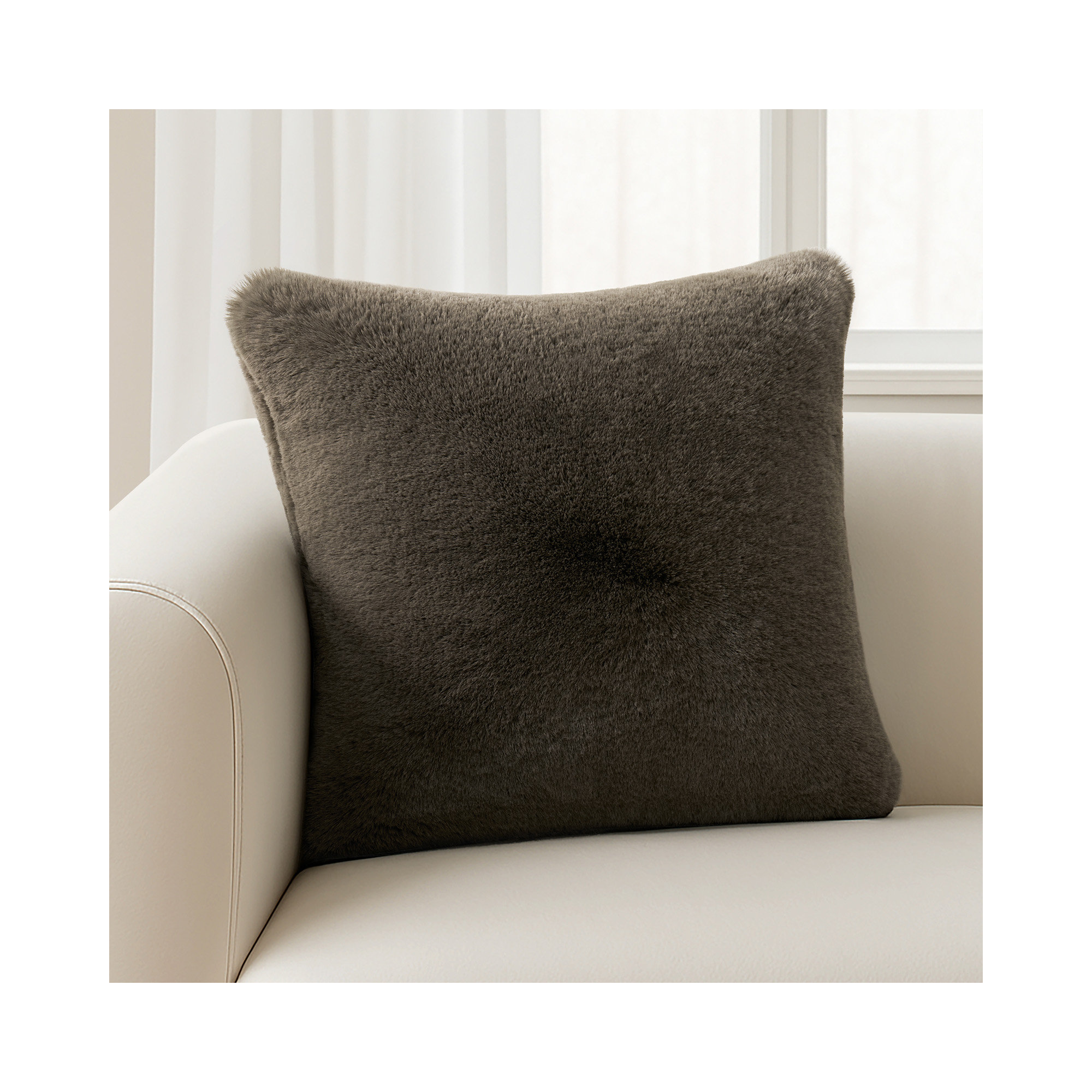 Luxury Soft Faux Chinchilla Fur Throw Pillow Cover 1 Pack, 20”x20”, Smoky Sable, Square 20"