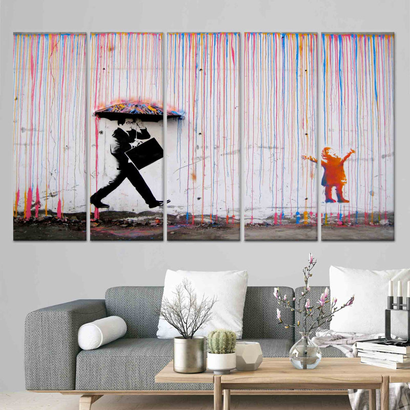 «Banksy Rainy Day», art mural imprimé sur toile, impression sur toile 5P, 43,3 po H x 98,4 po l