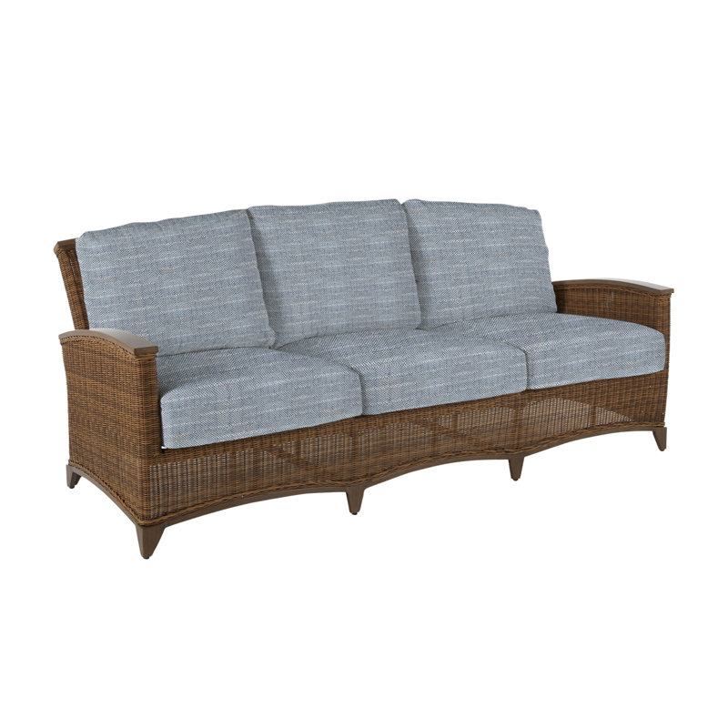 Astoria 85.13" Wide Outdoor Wicker Patio Sofa with Cushions, Welt, Raffia/Oak, Verona Fossil