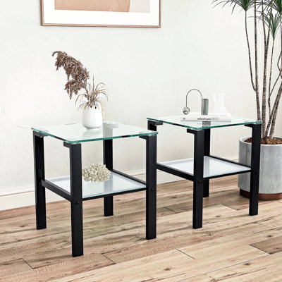 2 pièces de tables d'appoint de salon transparentes. Petit rond et carré. 8 mm de hauteur supérieure et 5 mm de hauteur inférieure en verre trempé. Capacité de 100 lb Tables de chambre à coucher à deux couches faciles à installer de conception carrée. Verre.