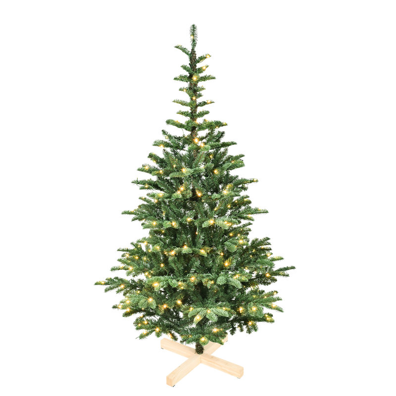 Arbre de Noël de 5 pi, 200 lumières blanches chaudes, 403 pointes de branches réalistes, support en bois rustique pour arbre de Noël à usage décoratif avec motif, ornement de base