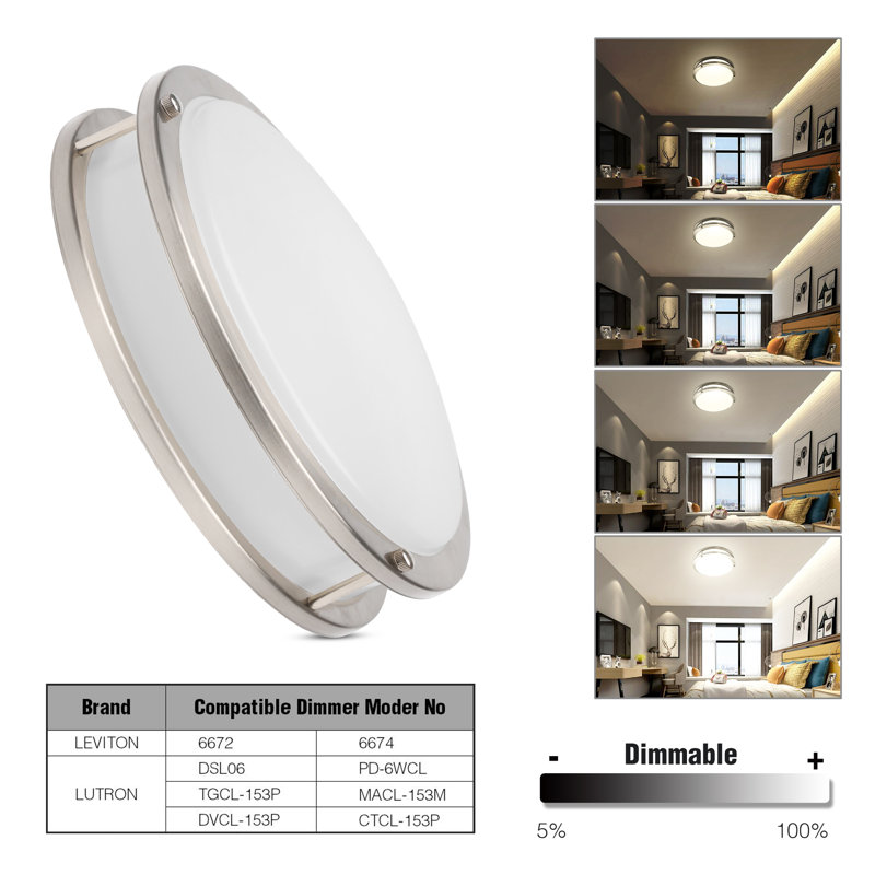 14 Inch LED Flush Mount Ceiling Light, 24W Dimmable LED Ceiling Light Fixture, 3000K Warm White & Brush Nickel, 3000K