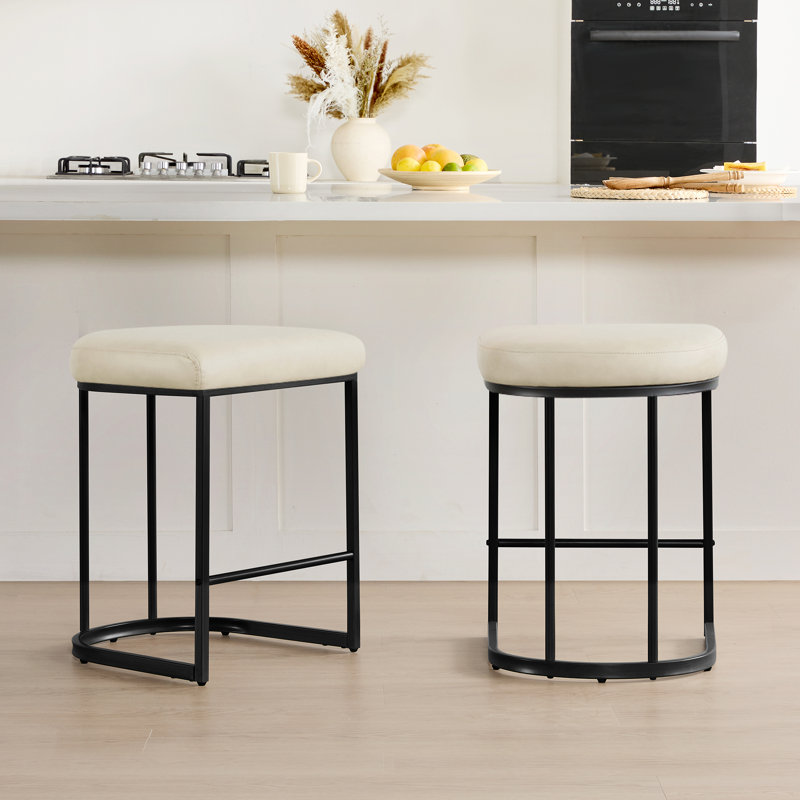 26'' Upholstered Backless Stool with Metal Frame, Beige