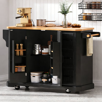 56-Inch Rolling Kitchen Island with Drop Leaf, Power Outlet, 6 Drawers, and Embossed Vertical Stripe Barn Doors for Flexible Storage and Workspace.