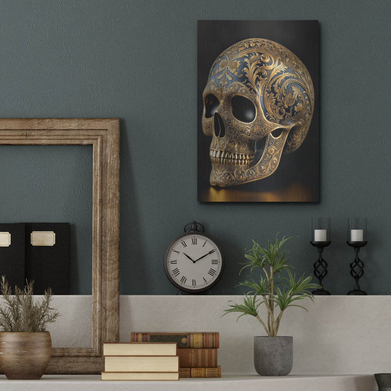  «Golden Skull» par Rey Klimt, art mural en métal, H 16 po x l 12 po