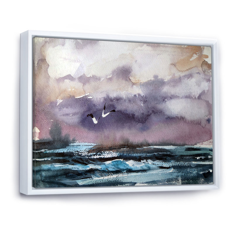 Vague et goélands - Peinture sur toile, H 16 po x l 32 po x P 1 po, Cadre flottant blanc