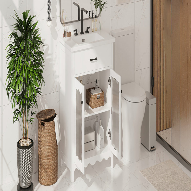 Meuble-lavabo de 31 po en verre trempé avec lavabo en céramique blanche, rangement spacieux et entretien facile, Blanc, Noir