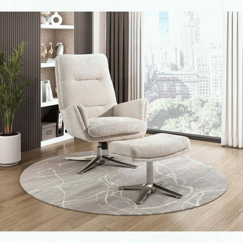 Fauteuil d'appoint pivotant avec repose-pieds, tissu chenille et base en métal argenté