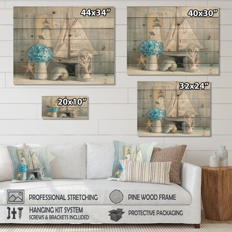 Summer Nautical House - Impression nautique et côtière sur bois de pin naturel, H 30 po x l 40 po x P 1,5 po