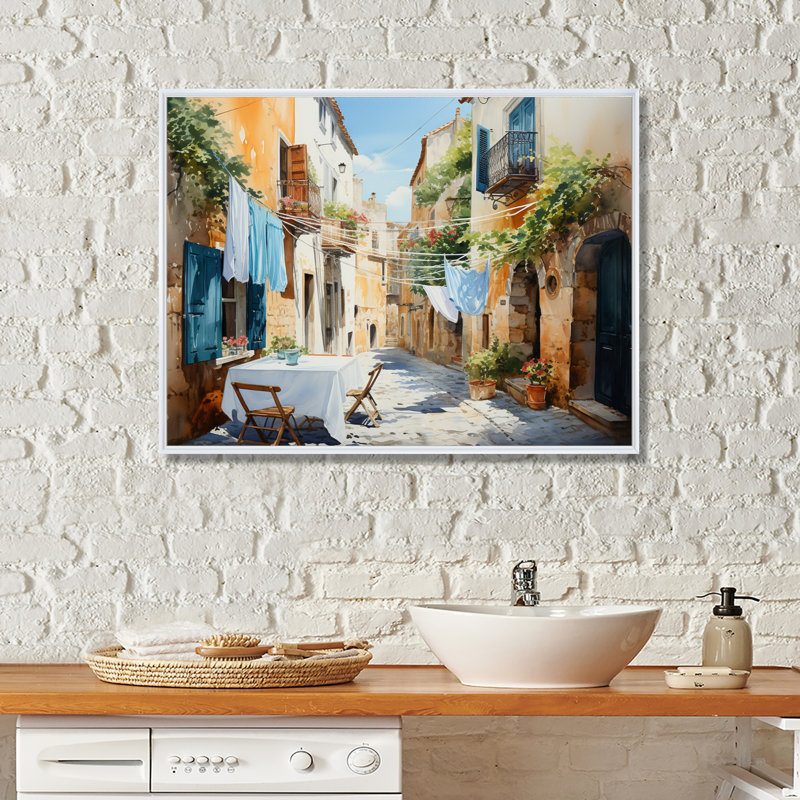 Jour de lessive en Italie I - Art mural, H 12 po x l 20 po x P 1 po, Cadre flottant blanc