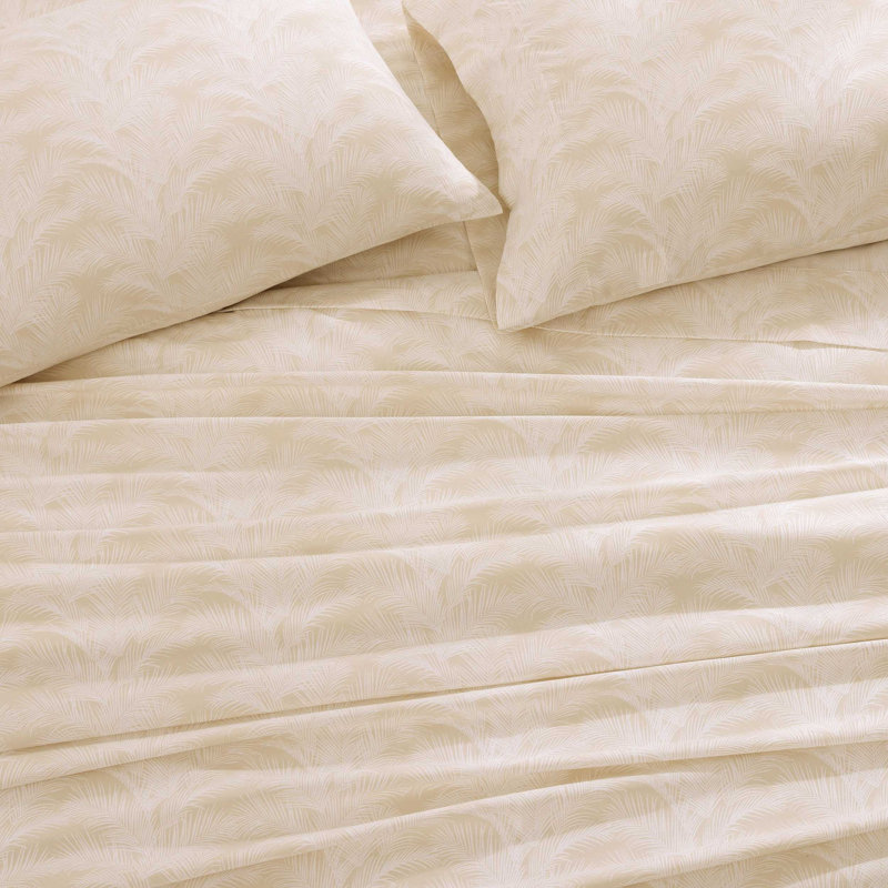 Tommy Bahama La Vida Stripe Cotton Sheet Set, King Sheet Set with 2 Pillowcases, Beige Palm Leaf