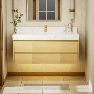 48 In. W. X 20.8 In. D X 21.2 In. H Wall Mounted Bath Vanity With 1-Sink In Birch Wood With White Marble Top