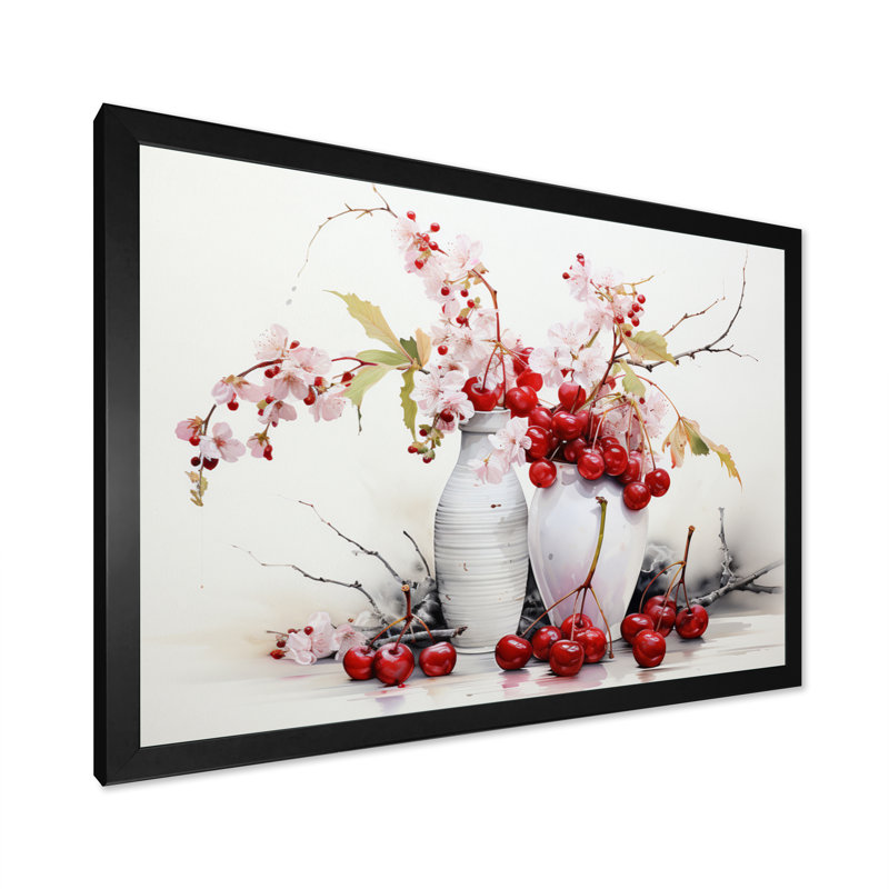 Décoration murale cerise simplicité - fruits, Cadre simple noir, H 24 po x l 32 po x P 1 po