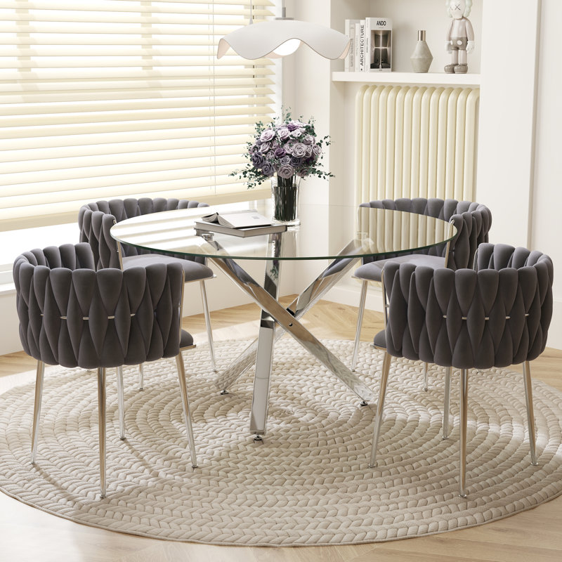 Ensemble de salle à manger Ayron, table de salle à manger avec pieds croisés et chaise de salle à manger en velours, Gris