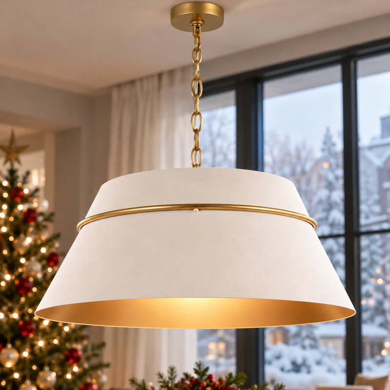 4-Light Large Textured Drum Pendant Light with Brass Accent, Modern Statement Lighting