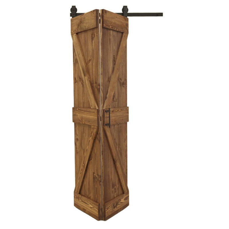 Single Bi-Folding System Solid Pine Barn Door, Brown
