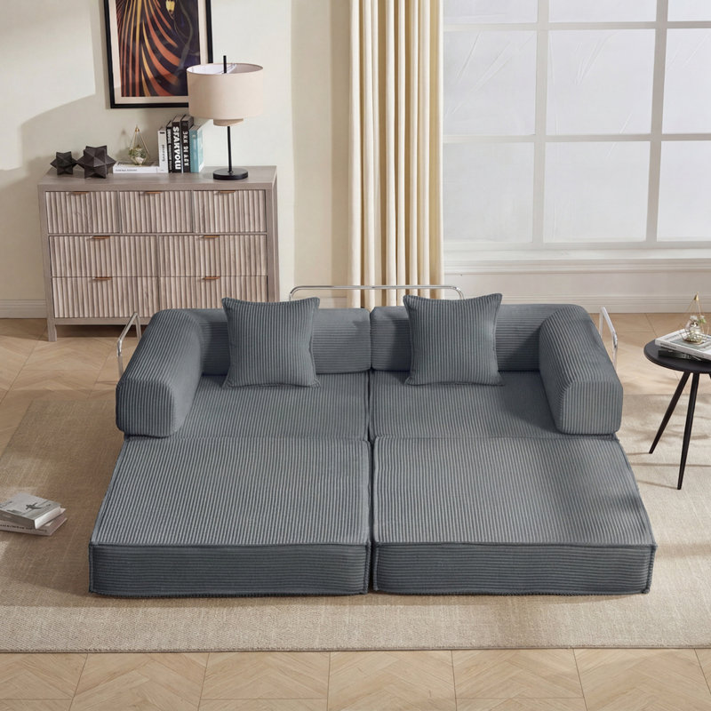 Canapé modulaire en velours côtelé avec 2 coussins, Gris