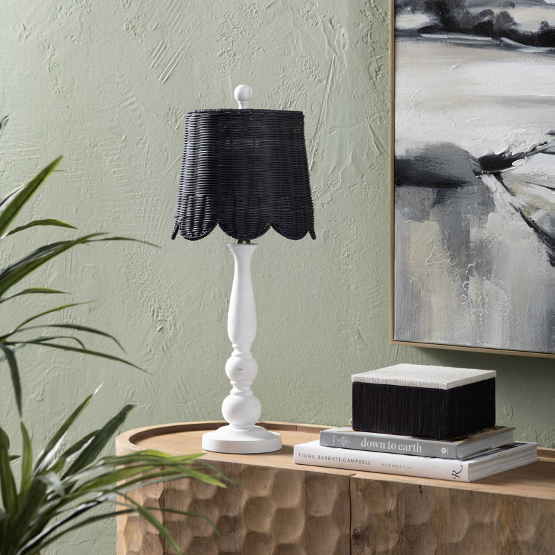Set Of 2 White Resin Buffet Lamp With Rattan Shade