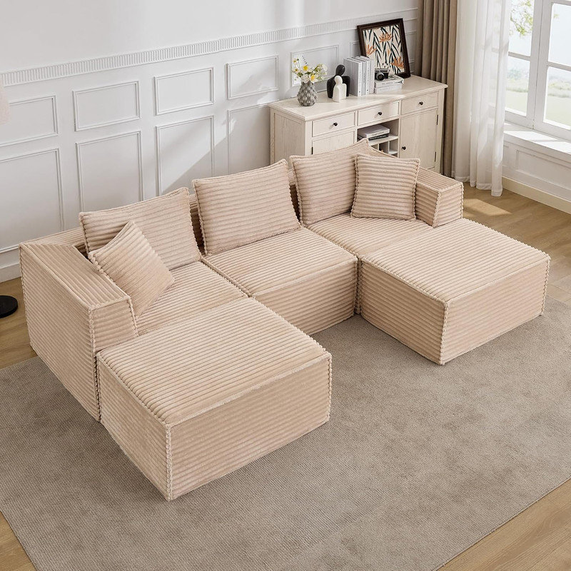 Boneless Modular Cloud Sectional Sofa with 1 Ottoman, L-Shape Deep Seat Couch for Living Room, No Assembly, 3, Green