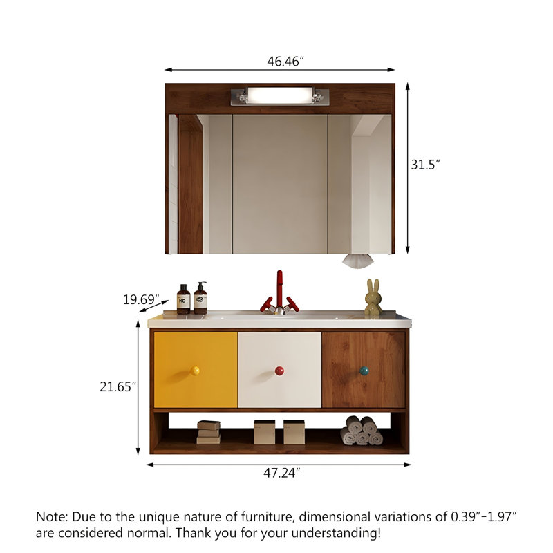 Ensemble de meuble-lavabo mural deux tons en bois massif avec miroir et lumière, H 21,65 po x l 47,24 po x P 19,69 po
