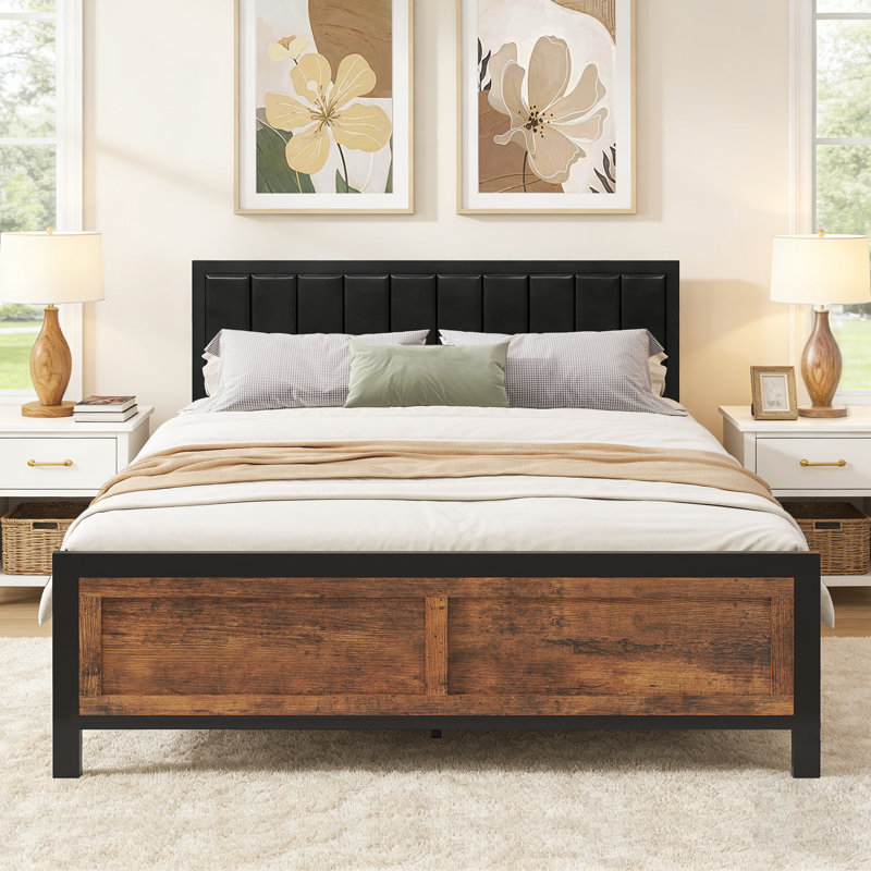 Queen Size Bed Frame With 4 Storage Drawers & Headboard – Rustic Metal, No Box Spring Needed, Noise Free