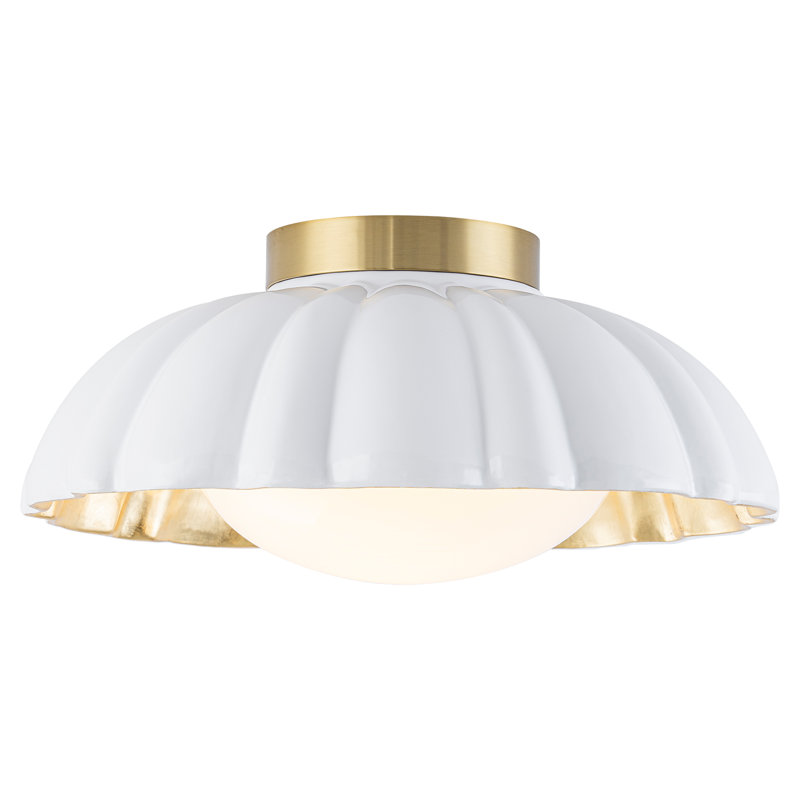 14" Gold Foil Interior Petal Ceramic Flush Mount Light, White Flower Ceiling Fixture with Milk Glass Shade, E26 Socket