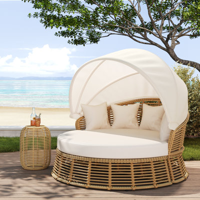 Outdoor Patio Rattan Round Daybed With Retractable Canopy, Removable Cushions