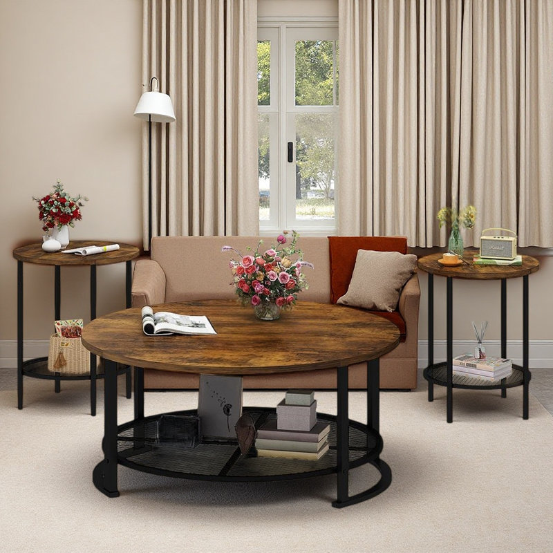 Ensemble de table de salon, de table basse et de table de bout 3 pièces Brinnley, de tables d'appoint industrielles modernes avec tablette de rangement, de 3 tables basses rondes pour la maison d'appartements (ensemble de 3)