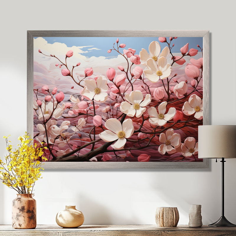Rose et blanc Dogwood Dream - art mural cornouiller, Cadre naturel flottant, H 30 po x l 40 po x P 1,5 po