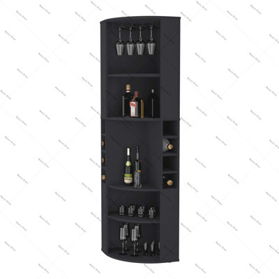FM FURNITURE Clifton Corner Bar Cabinet, with 5 shelves,Cup Hanger and Eight Built-in Wine Rack,Macadamia