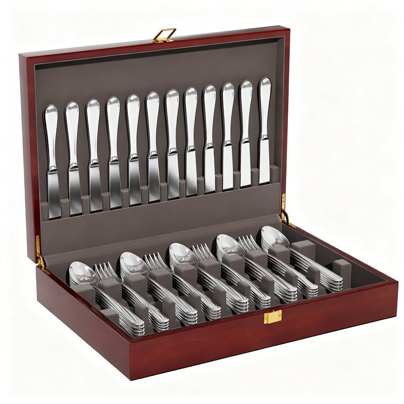 Boîte de rangement pour argenterie, coffre à couverts doublé de feutre pour 12 ensembles d'ustensiles (noyer)