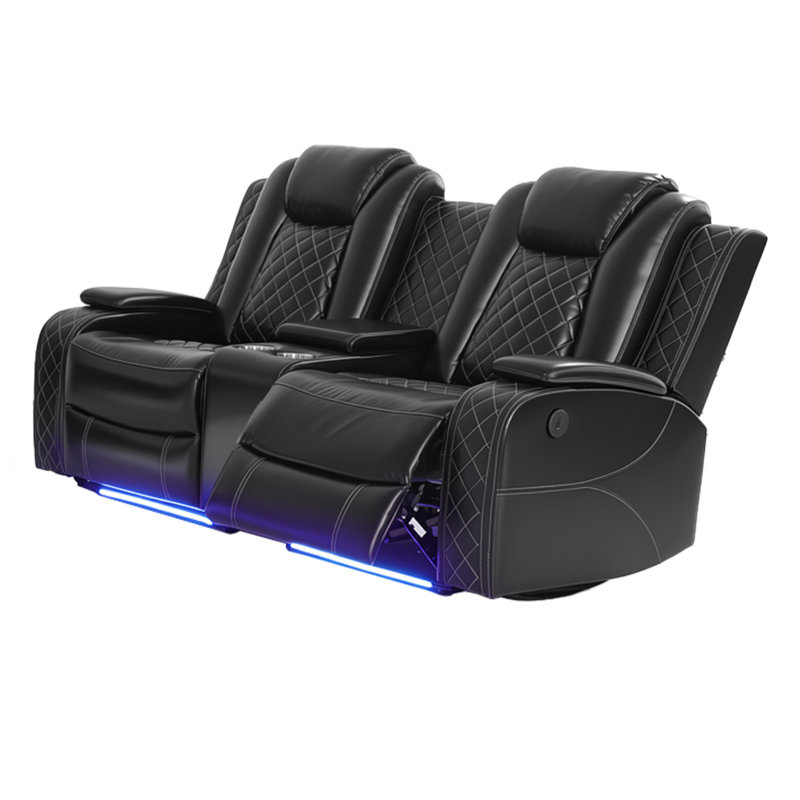 Causeuse inclinable noire en similicuir respirant avec éclairage ambiant à DEL, charge USB, porte-gobelets et seau de rangement