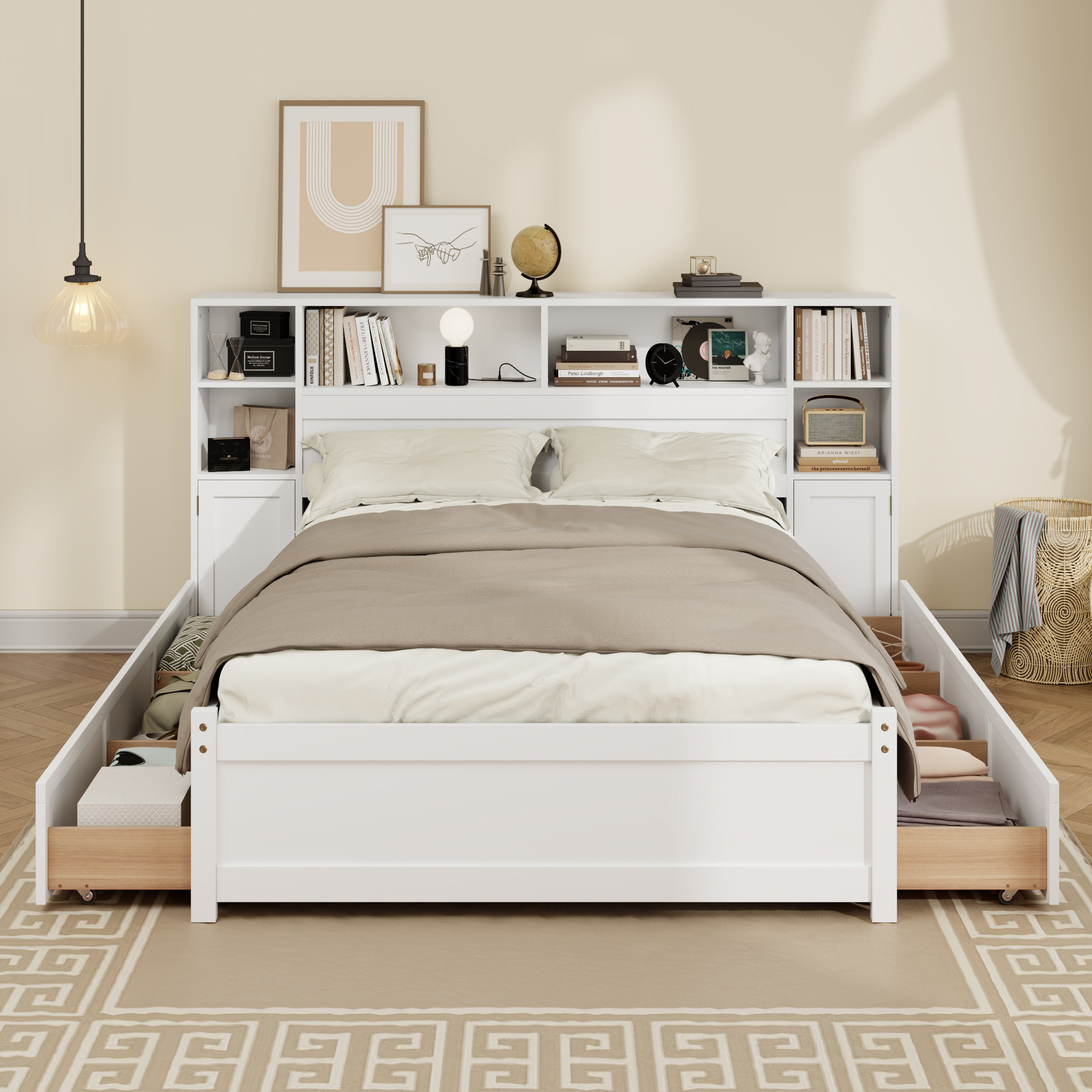 Colby Wooden Bed with Bookcase Headboard, Drawers & Charging Station