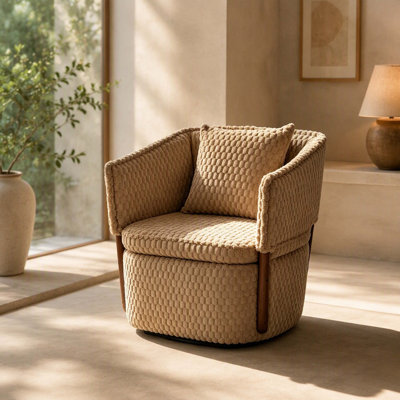 Fauteuil pivotant à 360° de style moderne du milieu du siècle avec rangement, fauteuil de lecture rembourré avec structure en bois massif et coussin lombaire, pour salon, chambre et véranda
