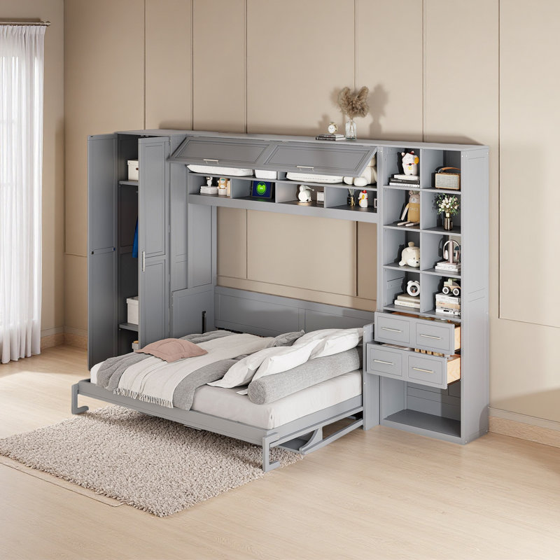 Grand lit escamotable mural avec placard, tiroirs et tablettes