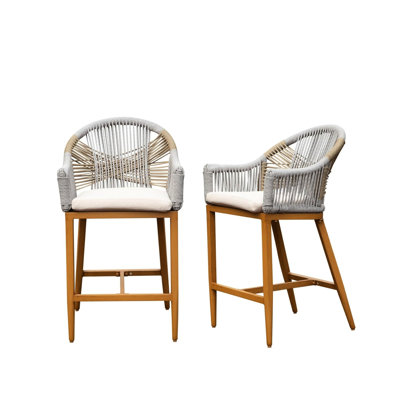 Tabourets de bar d'extérieur (lot de 2) - Accoudoirs et coussins en corde, aluminium kaki, pour jardin, piscine, cuisine. Structure en corde pour terrasse.