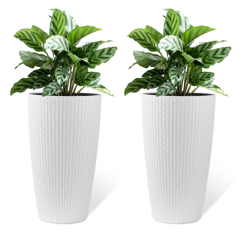 Set Of 2 Faux Rattan Tall Planters Outdoor Indoor Large Planters With Water Level Monitor Inner Bucket, Automatic Watering, Flower Plant Pots For Garden, Patio, Porch, Backyard (White, 22 Inch )