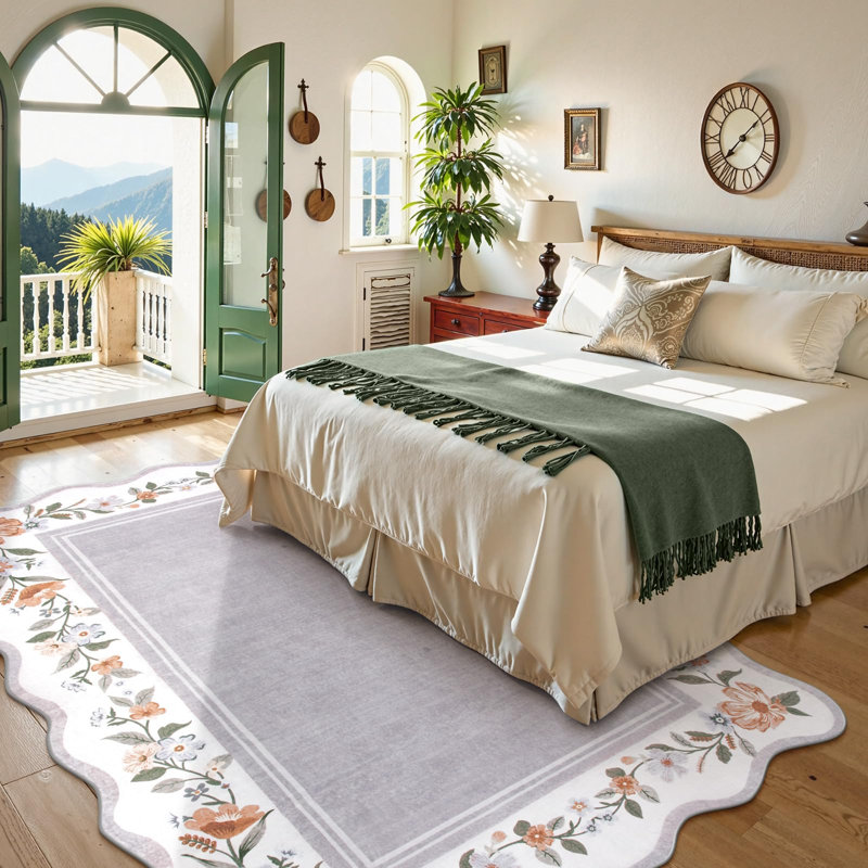 Floral Scalloped Rug Vintage Boho Washable Area Rug Soft Bedroom Rugs Non-Slip Throw Carpet, Rectangle 8' x 10'